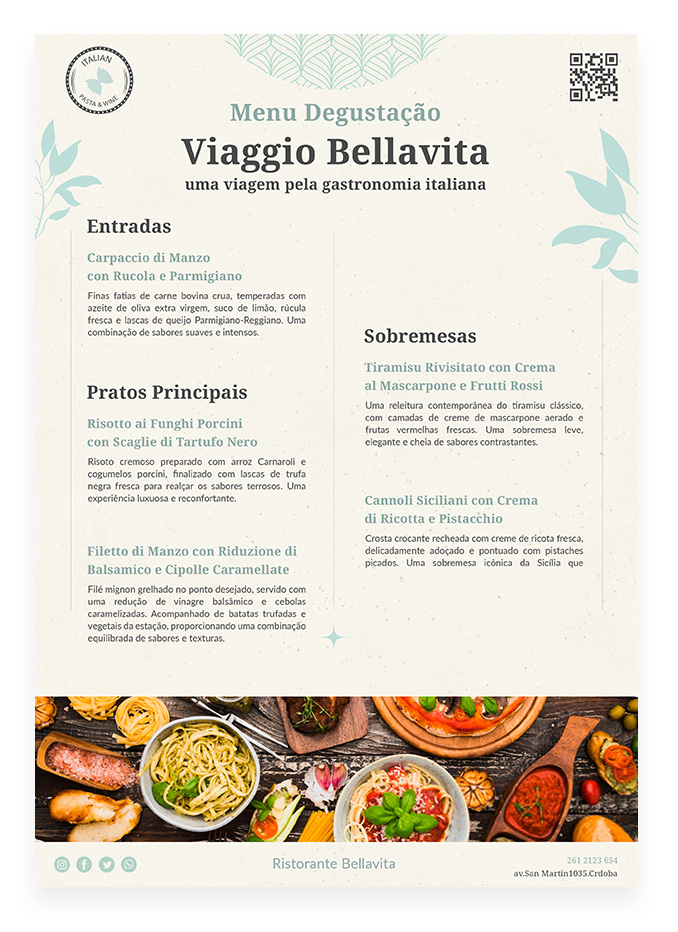 cardápio exemplo de menu degustação com entrada, pratos principais e sobremesa