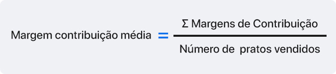 Margem contribuição média = Σ Margens de Contribuição / Número de pratos vendidos