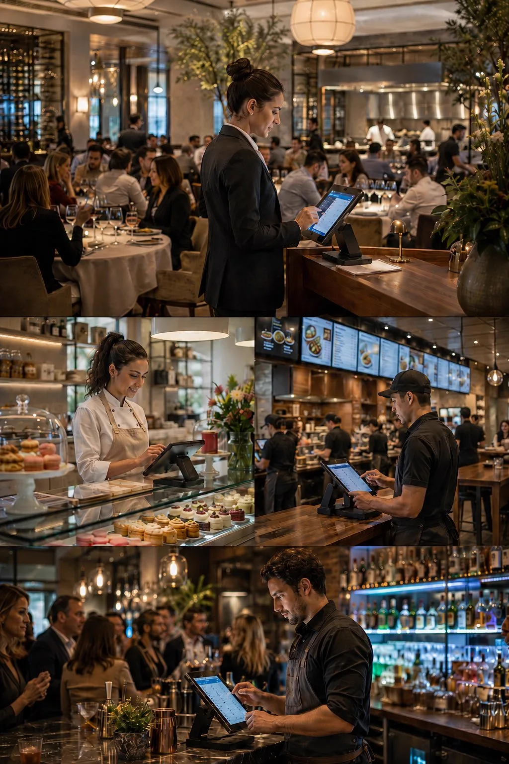 Quatro operações usando o PDV: maître em um restaurante de alta gastronomia, confeiteira na vitrine, operador de rede sob os painéis de cardápio e bartender no balcão de um bar