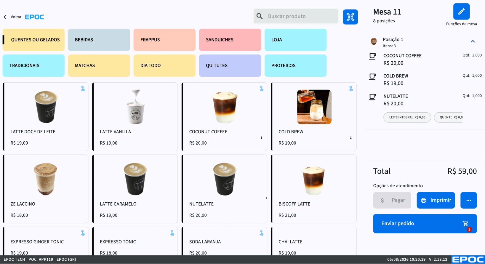 EPOC POS screen: menu by category on the left and, on the right, table 11's tab with the items entered, the total, and the send-order button