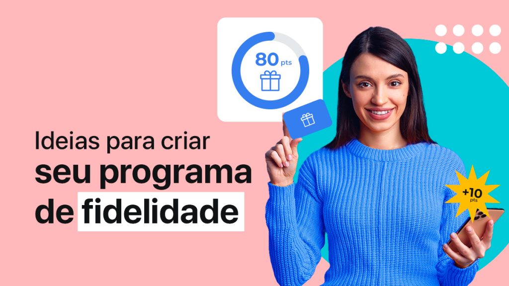 mulher sorridente segurando smartphone e cartão de programa de fidelidade, com destaques mostrando sua pontuação