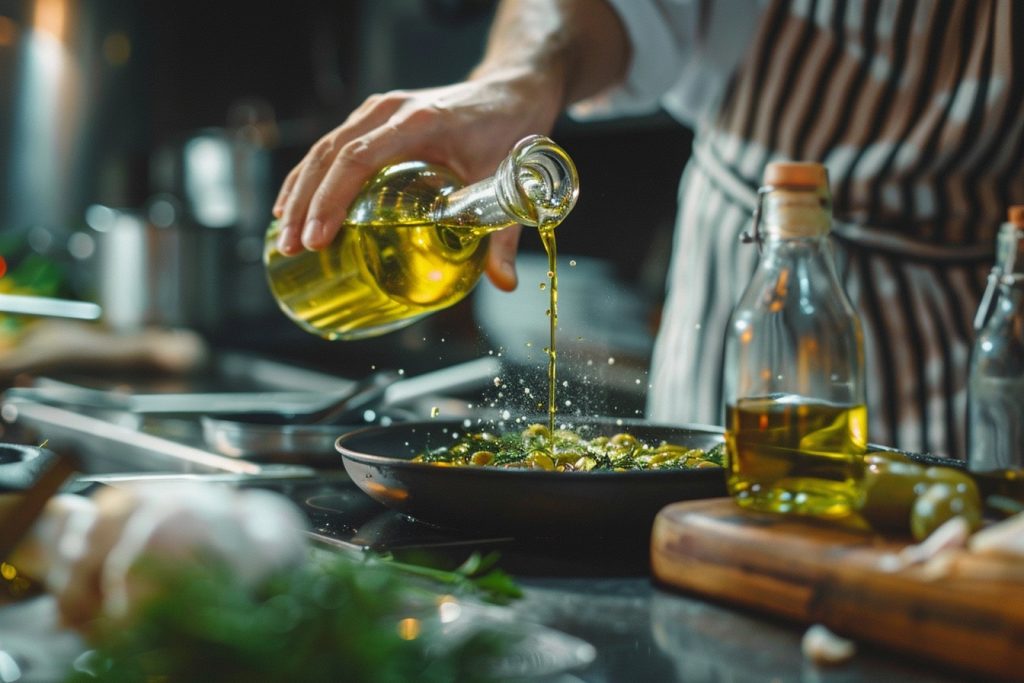 chef derramando azeite de oliva em prato de comida