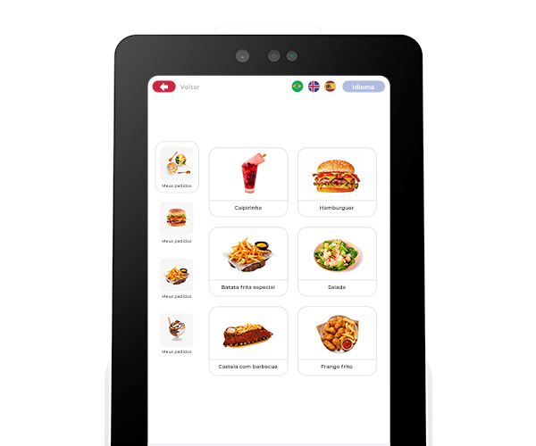tela de totem de autoatendimento mostrando cardápio estilo fast food