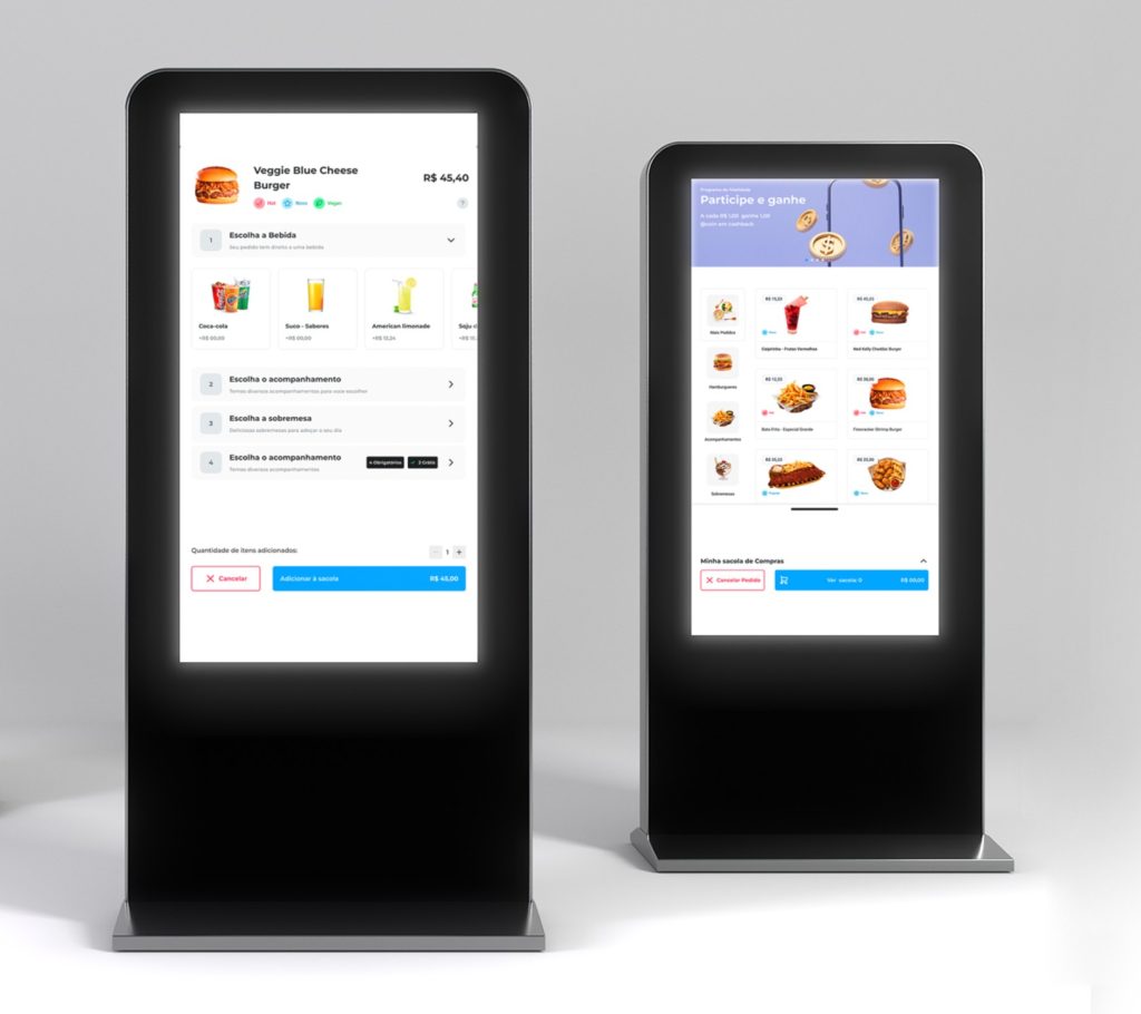 dois totens de autoatendimento mostrando o cardápio digital de um restaurante