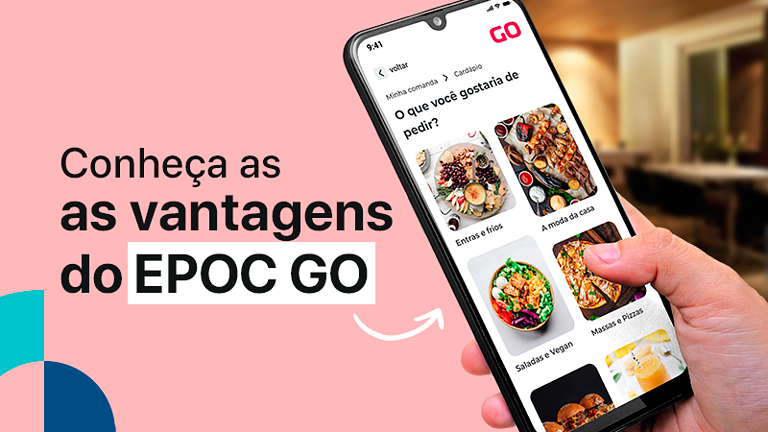 smartphone mostrando tela do aplicativo para restaurantes EPOC GO ao lado do título "Conheça as vantagens do EPOC GO"