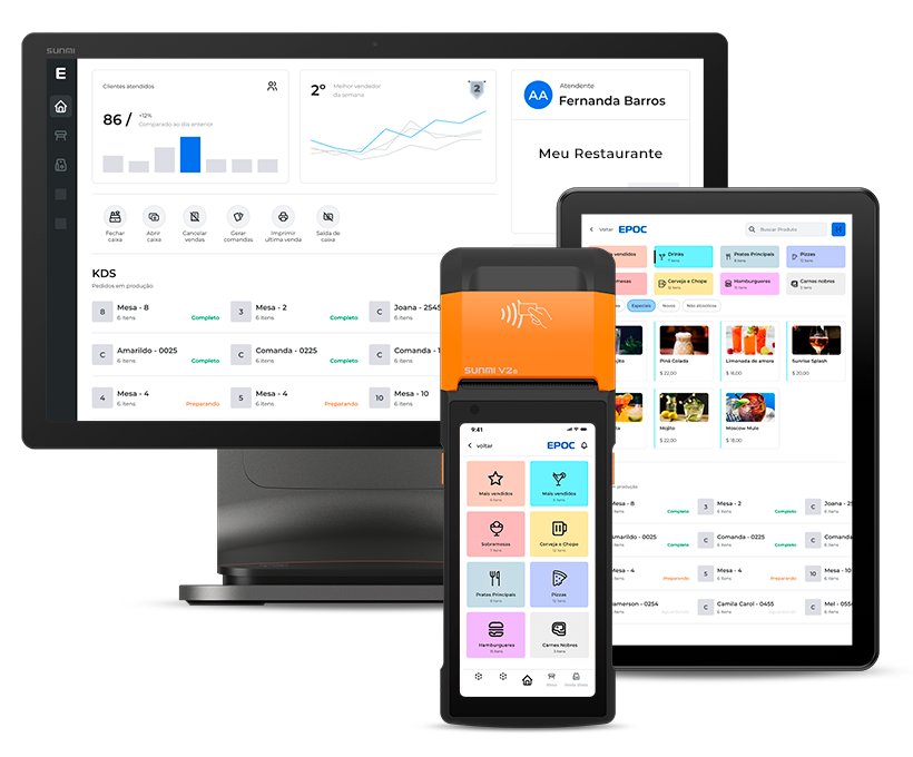 sistema para restaurante EPOC no computador, tablet e maquininha