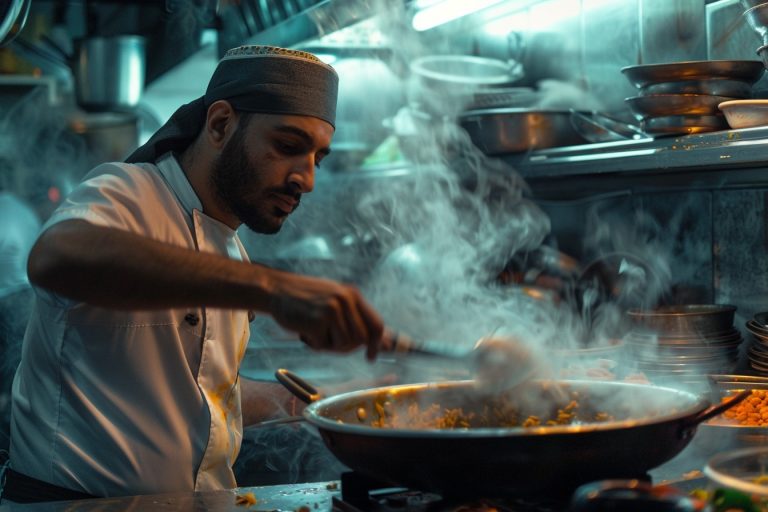 refugiado cozinhando em restaurante