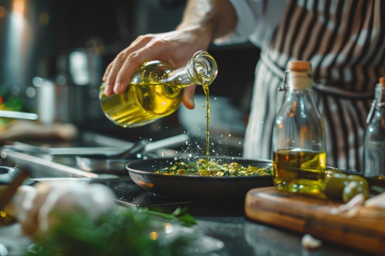 chef derramando azeite de oliva em prato de comida
