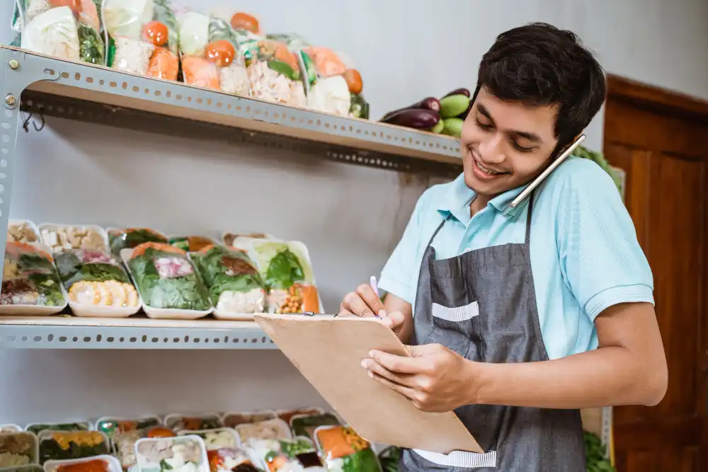 Um homem verifica o estoque mínimo de alimentos enquanto fala ao telefone, mostrando preocupação com a gestão de produtos frescos.
